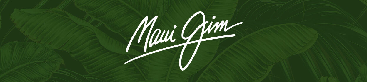White Maui Jim Logo on Patterned Green Leaf Background